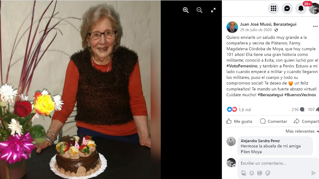 El posteo con el saludo del Intendente Juan José Mussi a Magdalena Fanny Córdoba por sus 101 años.