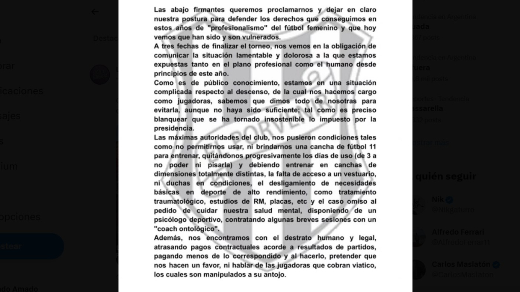 Una parte de uno de los comunicados que sacaron las chicas de fútbol de El Porvenir.