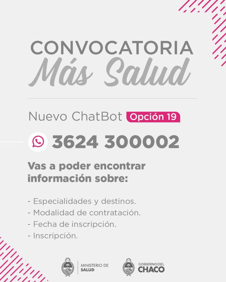 🔴 CHACO | Convocatoria +Salud: encontrá toda la información en el chat bot Ipita