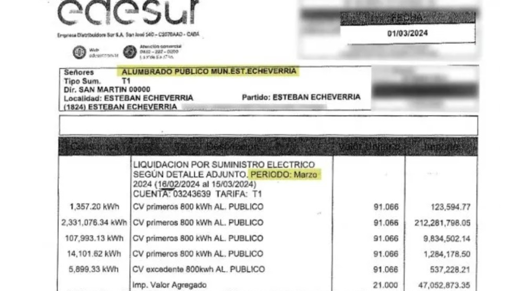 La multimillonaria factura que Edesur le envió al Municipio de Esteban Echeverría por el alumbrado público y fue revelada pór el intendente Fernando Gray.