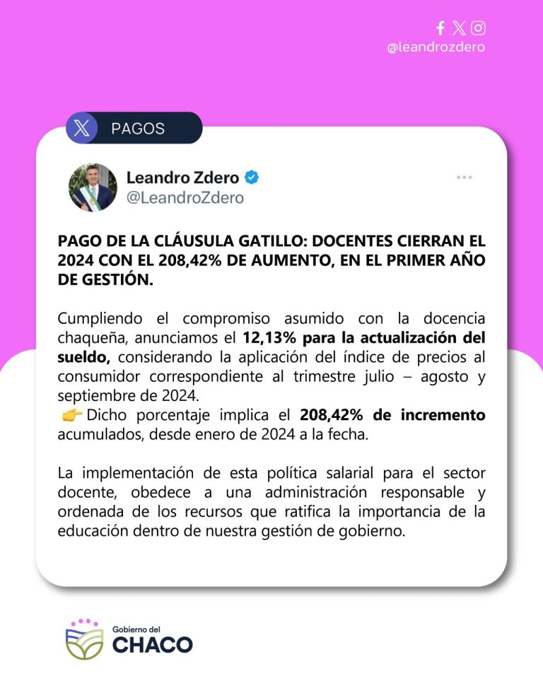 🔴 CHACO | Pago de la cláusula gatillo: docentes cierran el 2024 con el 208,42% de aumento, en el primer año de gestión de Zdero