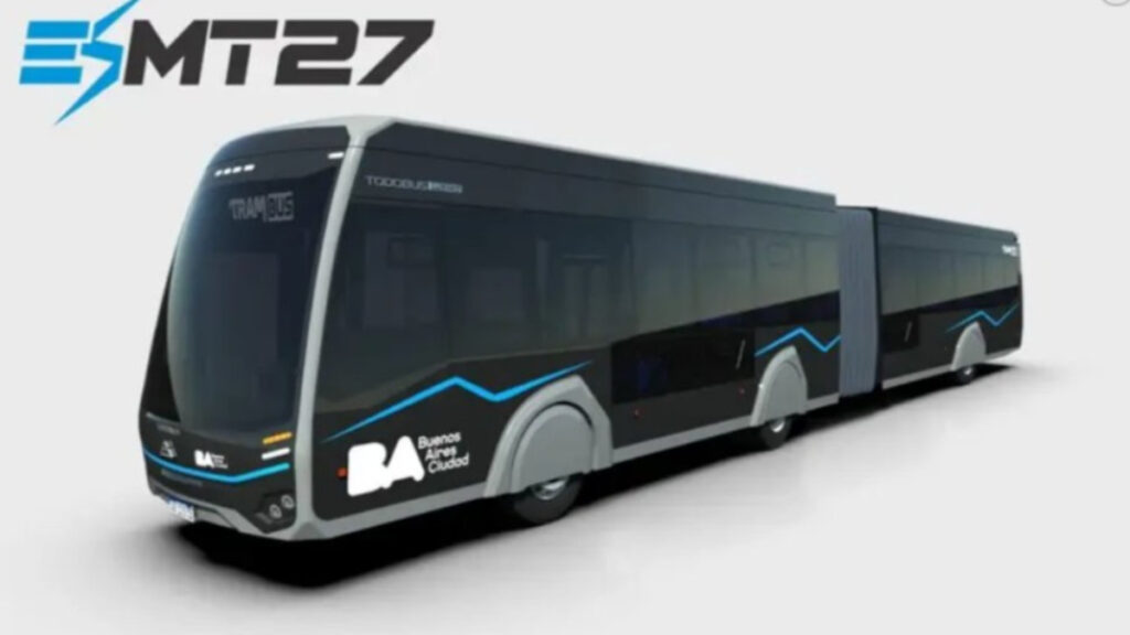 Render de las unidades articuladas ofertadas por la empresa Megacar, una de las dos que compite para proveer los Trambus eléctricos de CABA.