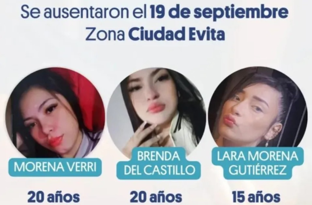 Lara Morena Gutiérrez (15), Morena Verri (20) y Brenda Loreley Del Castillo (20), las tres chicas desaparecidas el viernes pasado en Ciudad Evita.