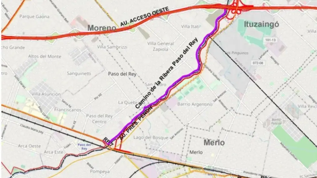 En color violeta, el tramo del Camino de la Ribera de Paso del Rey en el que trabaja la Provincia de Buenos Aires.