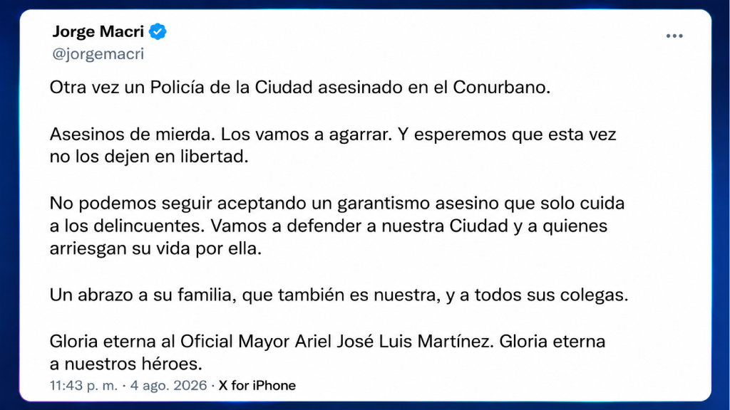 El tweet de Jorge Macri por el asesinato de Ariel José Luis Martínez